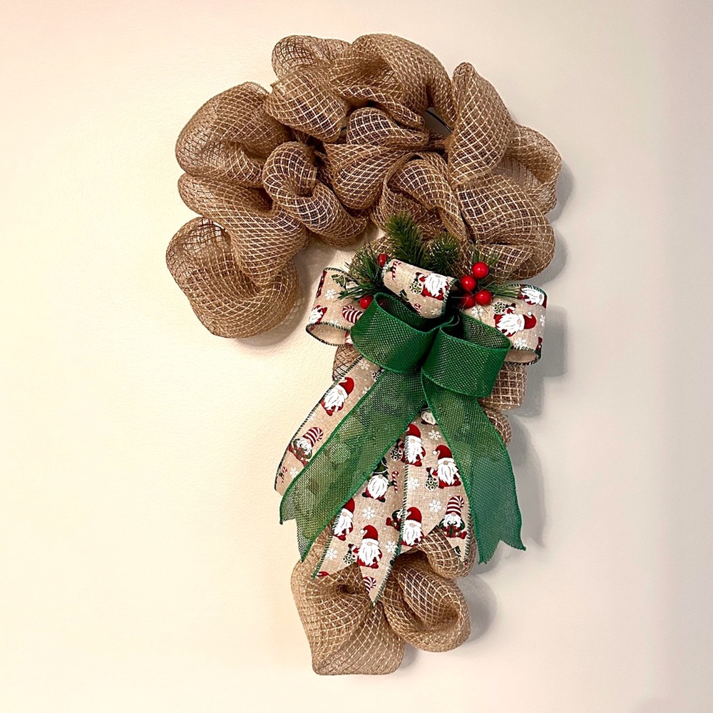 Handmade Farmhouse Gnome Christmas Wreath Rustic Candy Cane with Burlap Bow